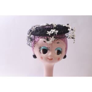 Black Fascinator, Fancy Hat with Veil and White Flowers, Elegant ~ 251124-WH 860